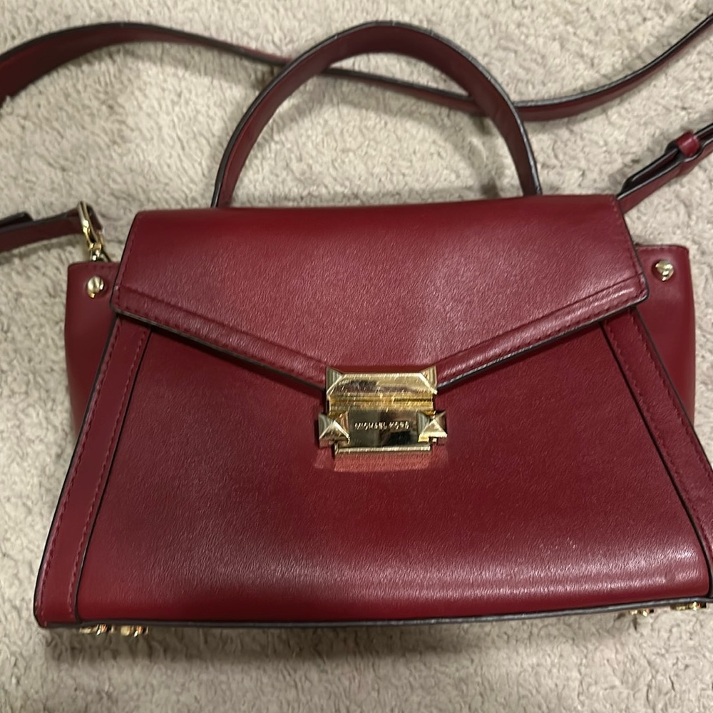 MICHAEL Michael Kors Whitney Polished Leather Top Handle Satchel Maroon/Gold.